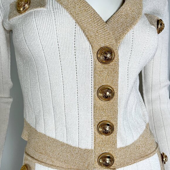 Authentic Balmain Off White Gold Ribbed Knit Cropped Cardigan Mini Skirt Set 38 - Picture 5 of 10
